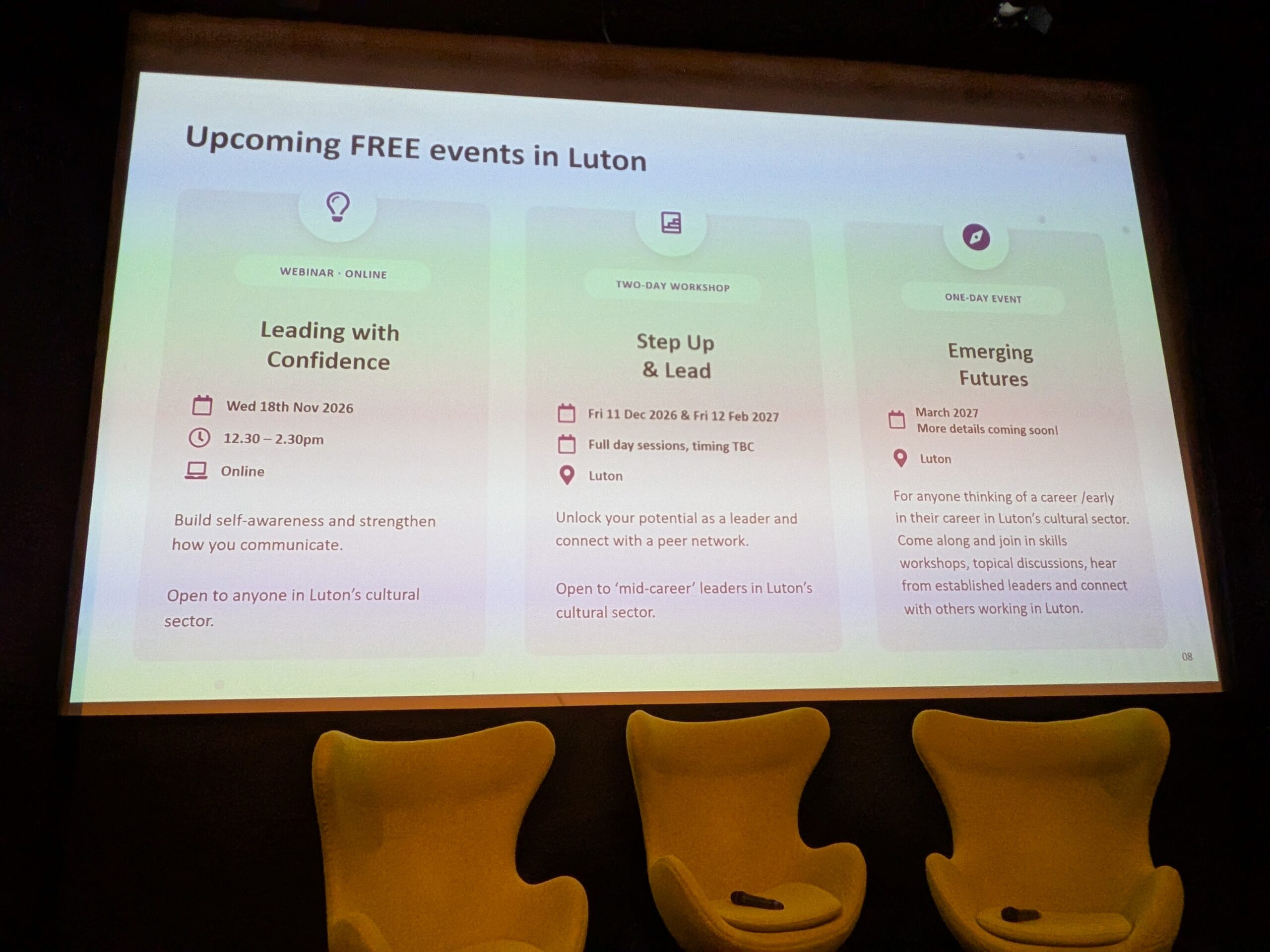 Presentation slide titled "Upcoming FREE events in Luton" featuring Leading with Confidence, an online webinar on 18 November 2026; Step Up & Lead, a two-day workshop on 11 December 2026 and 12 February 2027; and Emerging Futures, a one-day event taking place in March 2027.